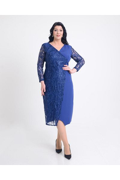 LİLAS XXL Plus Size Navy Blue Colored Crepe Guipure Lace Dress