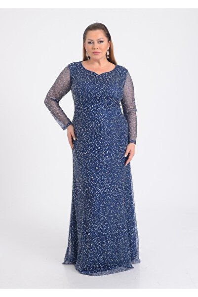 LİLAS XXL Büyük Beden Glitter Baskı Lacivert Renkli Uzun Kollu Uzun Abiye Elbise