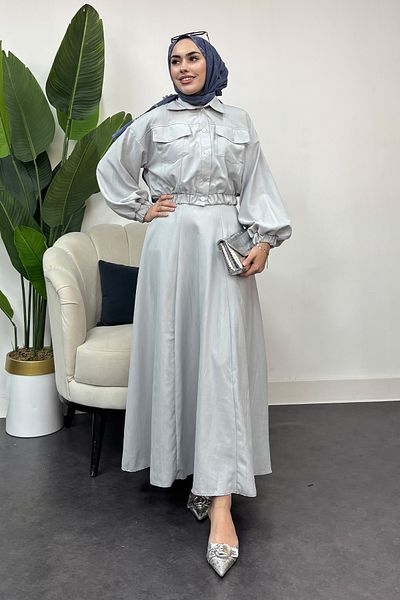 Tesettür Diyarı Gray Women's Lizza Fabric Double Set with Pockets