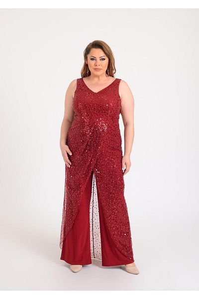LİLAS XXL Salopetă rochie de seară cu paiete cu paiete de culoare burgundă
