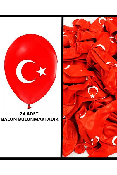 Parti dolabı 24 Pieces Flag Balloon Turkish Flag Red Printed Balloon 23 April 19 May Ornament