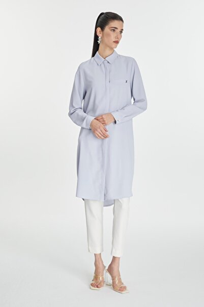 Zühre Gizli Düğme Detaylı Gri/Mavi Tunik T-0767