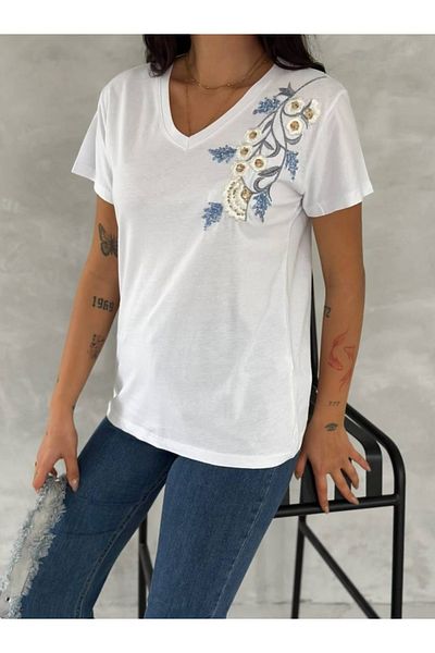 Birru Butik Women's V-Neck 100% Cotton Sequin Flower Embroidered T-Shirt