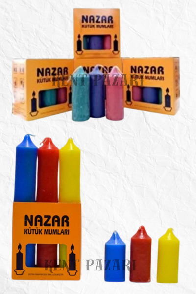 Kent Pazarı 6 Adet Karışık Renkli Kütük Mum Nazar 100mm Boy- 35mm En Mavi Sar...