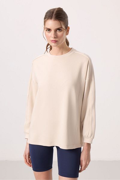 TOMMY LIFE Beige Soft Textured O Neck Oversize Women's Tunic Sweatshirt - 97303