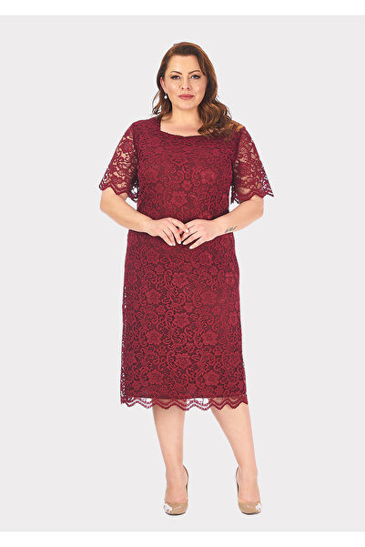 LİLAS XXL Büyük Beden Bordo Renkli Dantel Bordo Abiye Elbise