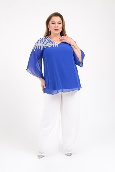 LİLAS XXL Büyük Beden Sax Renkli Şifon V Yaka Abiye Bluz