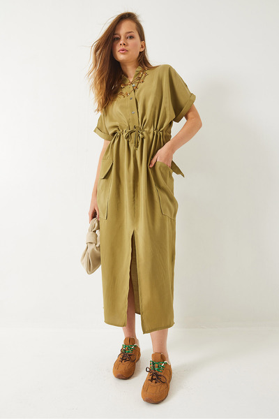 Bianco Lucci Kadın Belden Bağlamalı Önden Yırtmaçlı Torba Cepli Modal Elbise 70316 60283001