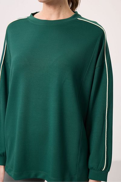TOMMY LIFE Green Soft Textured O Neck Oversize Women's Tunic Sweatshirt - 97303