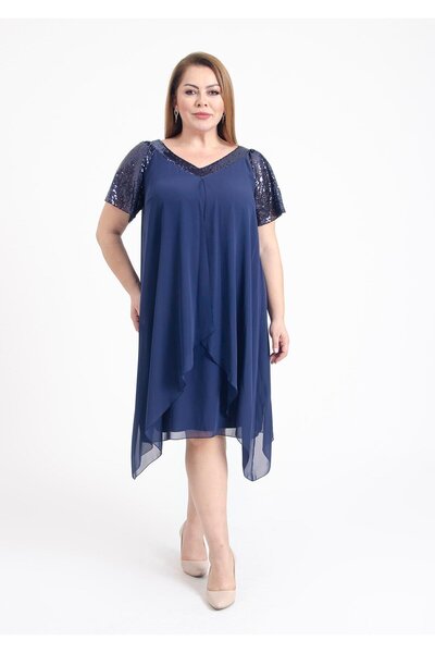 LİLAS XXL Büyük Beden Lacivert Renkli V Yakalı Pul Payet Detaylı Şifon Kısa A...