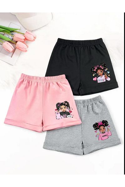 LOUİSA Pachet de 3 pantaloni scurți din bumbac pieptănat cu imprimeu pentru fete, negru-gri-roz