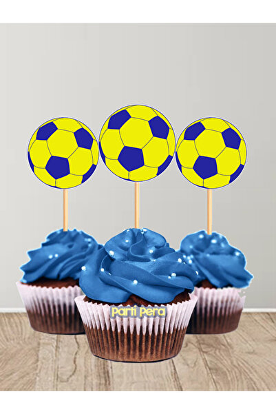 parti pera Sarı Lacivert Renkli Futbol Topu Temalı Pasta Kürdan Süsü 15'li Paket