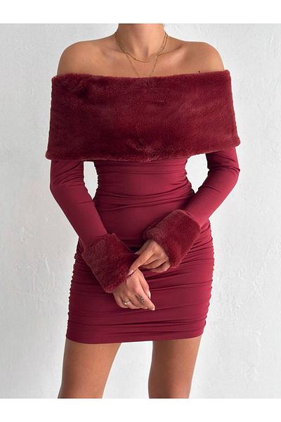 QUTTA Women's Burgundy Madonna Collar Fur Detailed Dress