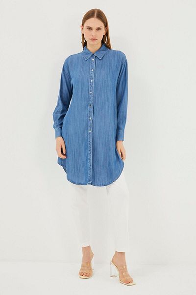 Zühre Tunica albastra din denim - guler camasa, T-1115