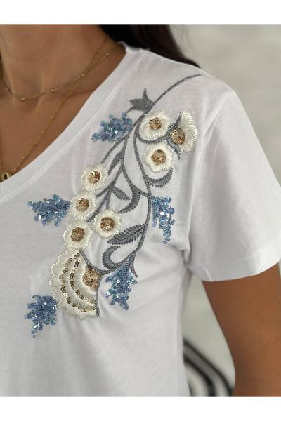 Birru Butik Women's V-Neck 100% Cotton Sequin Flower Embroidered T-Shirt