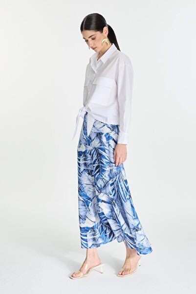 Zühre Yaprak Desenli Uzun Mavi Etek ETK-0150