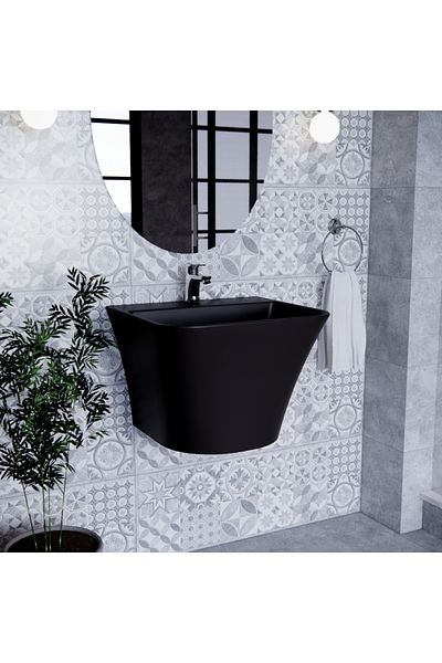 Saudi Ceramic MIRAGE WASH BASIN WITH 1 HOLE WALL HUNG ORYX MATT BLACK-PC