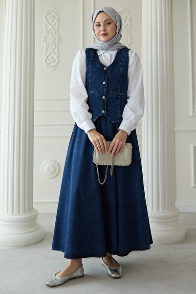 InStyle Μπλε τριπλό τζιν κοστούμι με γιλέκο και φούστα