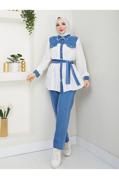 MODAMERSİ Women's Ecru Blue Jeans Detailed Shirt Pants Double Set