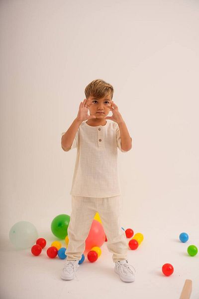 Tiny Boy's Cream Color Button Detailed Blouse and Trousers