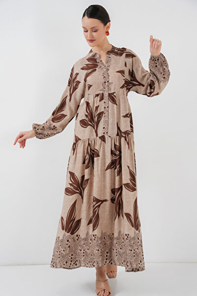 Bigdart 2423 Authentic Patterned Hijab Dress - F.Beige