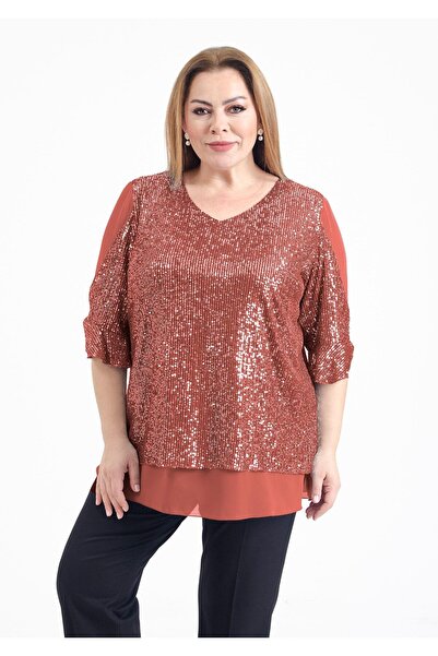 LİLAS XXL Büyük Beden Kiremit Renkli Pul Payetli Şifon Bluz
