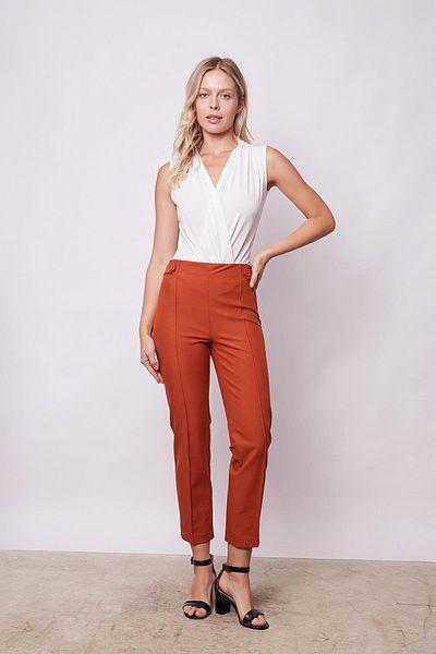 Jument Women's High Waist Stitched Front Epaulette Waist Buttoned Pipe Leg Fabric Trousers - tile