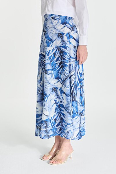 Zühre Yaprak Desenli Uzun Mavi Etek ETK-0150
