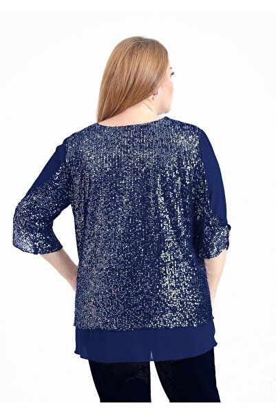 LİLAS XXL Plus Size Navy Blue Color Sequined Chiffon Blouse