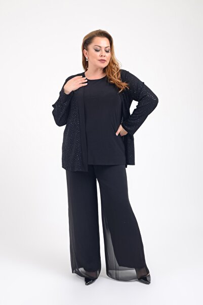 LİLAS XXL Büyük Beden Siyah Renkli İkili Takım Abiye Bluz