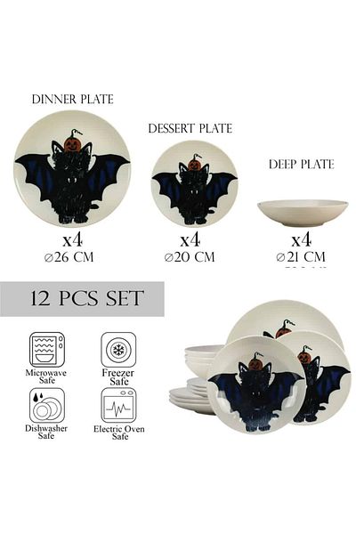 Cesiro 12-piece plate set, for 4 people, BatKitty, Cesiro, Ivory White with Cat