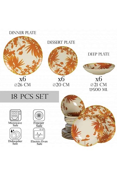 Cesiro 18-piece plate set, for 6 people, Hawaii, Cesiro, Ivory white decorated with orange leaves