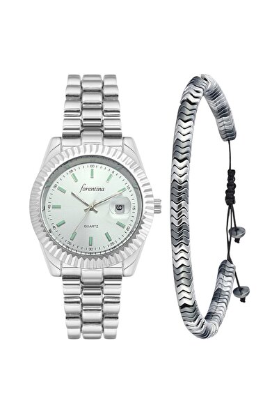 Forentina Erkek Gri Metal Kol Saati-Asansörlü Gri Bileklik Kombin Set PS4051