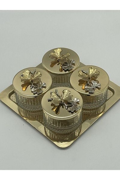 Fiyakalı Ürünler Atölyesi Gold Square Tray, 4-Piece Elysia Glass Bowl with Lid - Magnolia, Snack Bowl, Spice Bowl, Ice Cream Bowl