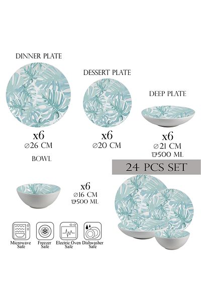 Cesiro 24-piece plate set, 6 people - Insieme Foglie Turquoise - Italian Porcelain Dinnerware Set