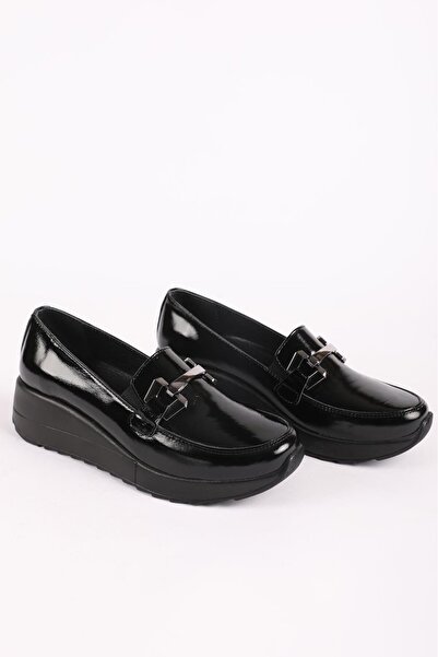 Hayati Arman Women's Genuine Leather Buckle Detailed Comfort Shoes Black Patent Leather