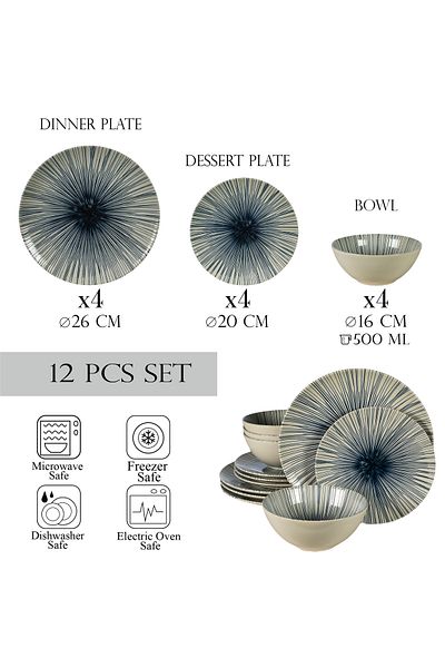 Cesiro 12-piece plate set, for 4 people, MoonLight, Cesiro, Glossy Ivory White with blue lines
