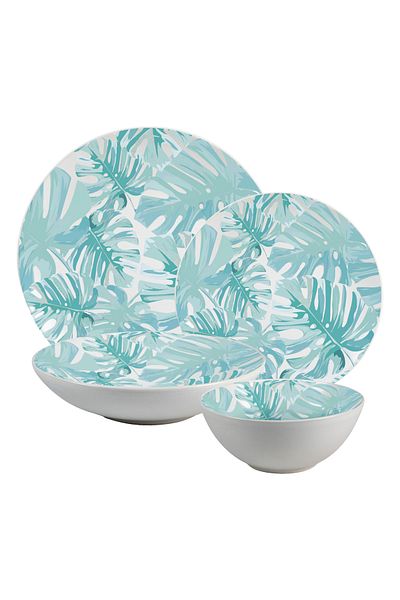 Cesiro 16-piece plate set, 4 people - Insieme Foglie Turquoise - Italian Porcelain Dinnerware Set