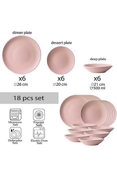 Cesiro 18-piece plate set, for 6 people, Milkshake, Cesiro, Matte Pink