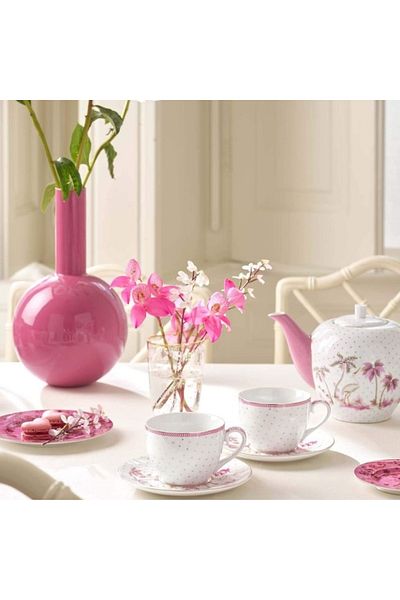 Pip Studio Set 2 căni cu farfurioare, din porțelan, Pip Studio, Dots Gold Pink, 280 ml, colecția Jolie