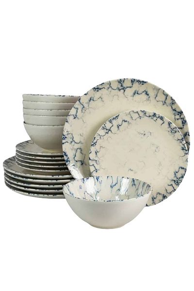 Cesiro 18-piece plate set, for 6 people, Marble, Cesiro, Glossy Ivoire White with Blue