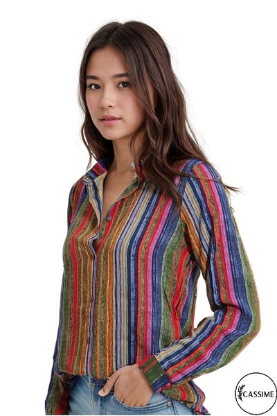 Cassime Women's Colorful Stripe Patterned Long Back Viscose Shirt