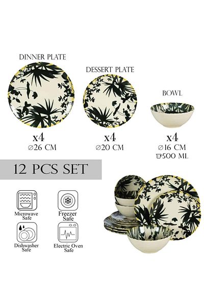 Cesiro 12-piece plate set, for 4 people, Hawaii, Cesiro, Ivory white with black leaves