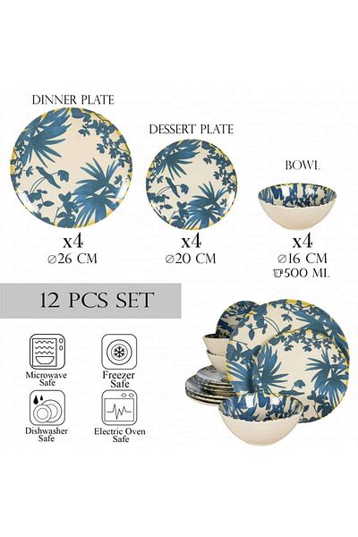 Cesiro Complete Hawaiian style plate set, Exclusive Italian decor, 12 pieces, for 4 people