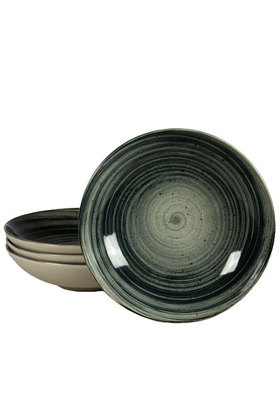 Cesiro Set of 4 deep plates, 21 cm, Whirlwind, Cesiro, Made in Romania, Ivory White with Black