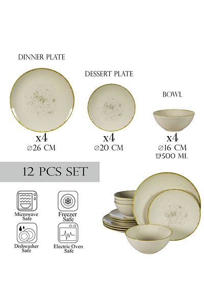Cesiro 12-piece plate set, for 4 people, Ivory Stone, Cesiro, Glossy Ivoire White with gold rim
