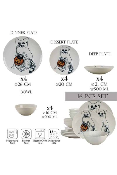 Cesiro 16-piece plate set, for 4 people, Pumpkin Cat, Cesiro, Ivoire with Cat