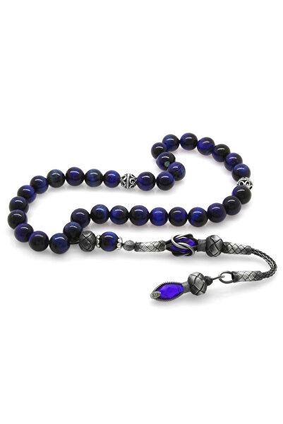 Tesbihane 1000-каратови молитвени броеници от естествен камък „синьо тигрово око“ с сферична форма и казазски пискюли