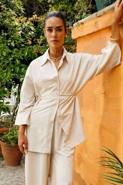 Hooopstore Front Buttoned Linen Natural Shirt