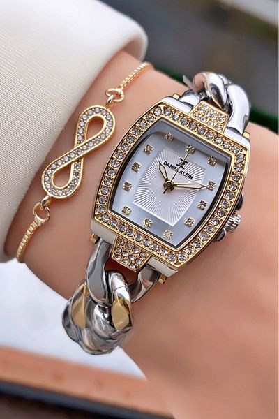 Daniel Klein Yellow Silver Color Rectangular Case - Women's Wristwatch - Bracelet Gift